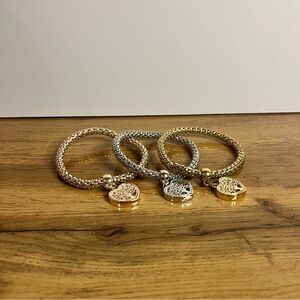 Elegant Gold, Rose Gold and Silver Heart Charm Bracelets, 3-piece set
